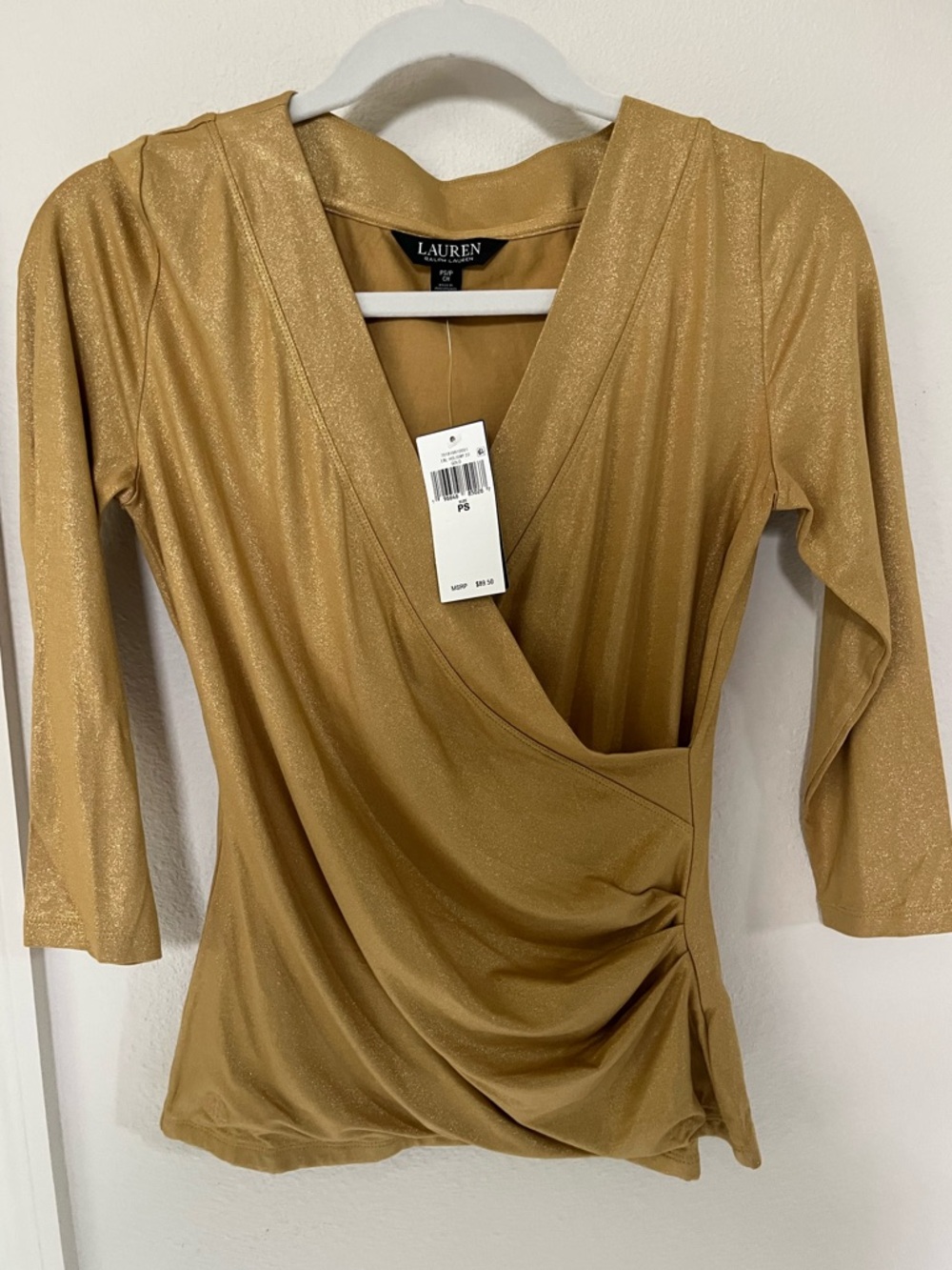 Ralph Lauren Metallic Gold Faux-Wrap V-Neck Top